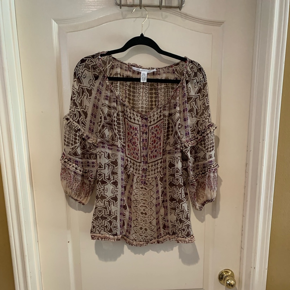 Diane Von Furstenberg Geometric Silk Blouse in Brown and Tan